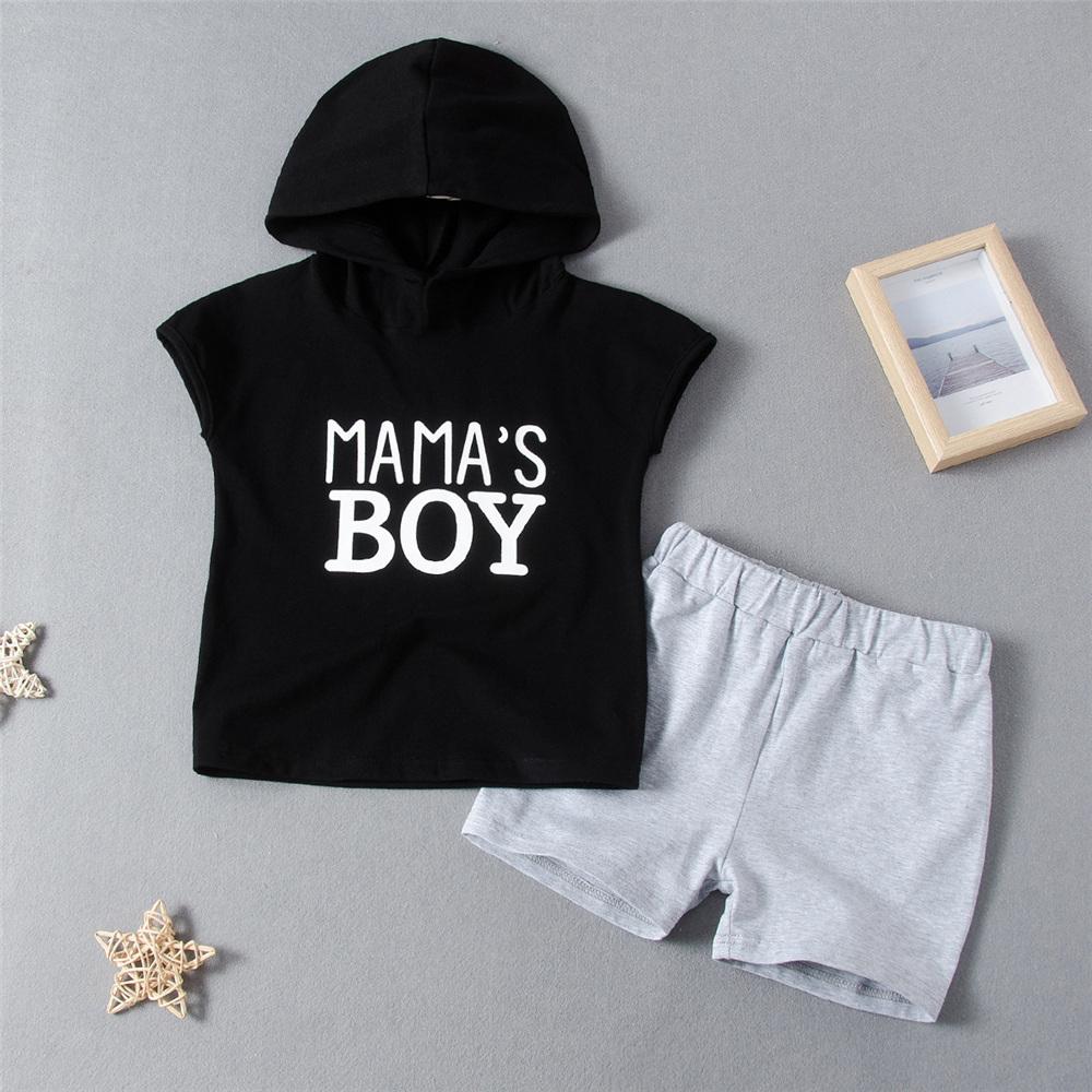 Boys Mamas Boy Letter Printed Sleeveless Hooded Top & Solid Shorts Wholesale Boys Suits