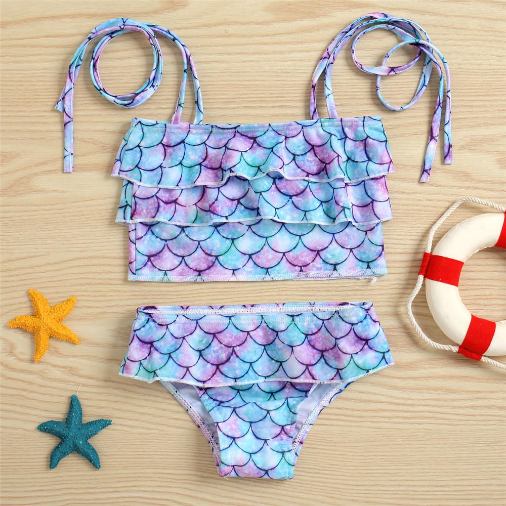 Girls Mermaid Printed Sling Swimwear Top & Shorts Toddler 2 Piece Swimsuit