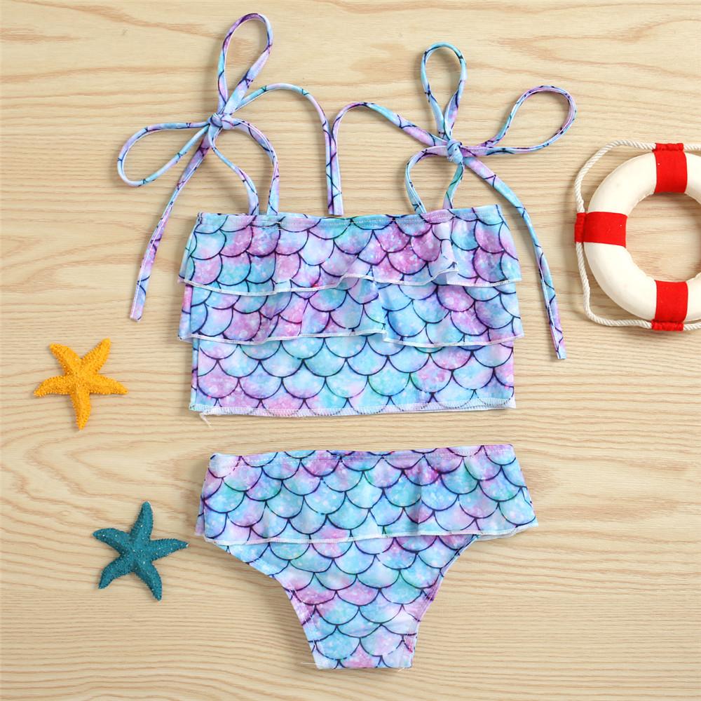 Girls Mermaid Printed Sling Swimwear Top & Shorts Toddler 2 Piece Swimsuit