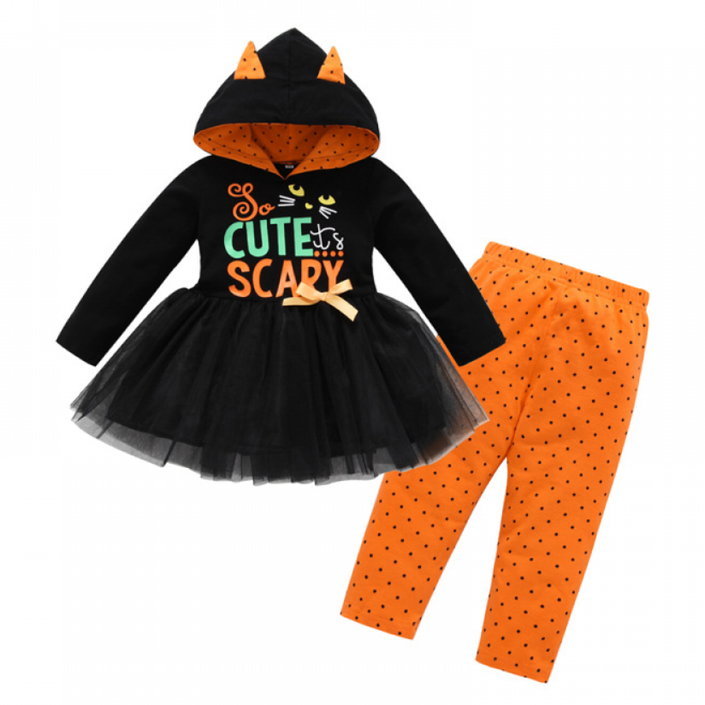 Girls Mesh Long Sleeve Letter Hooded Dress & Pants trendy kids wholesale clothing