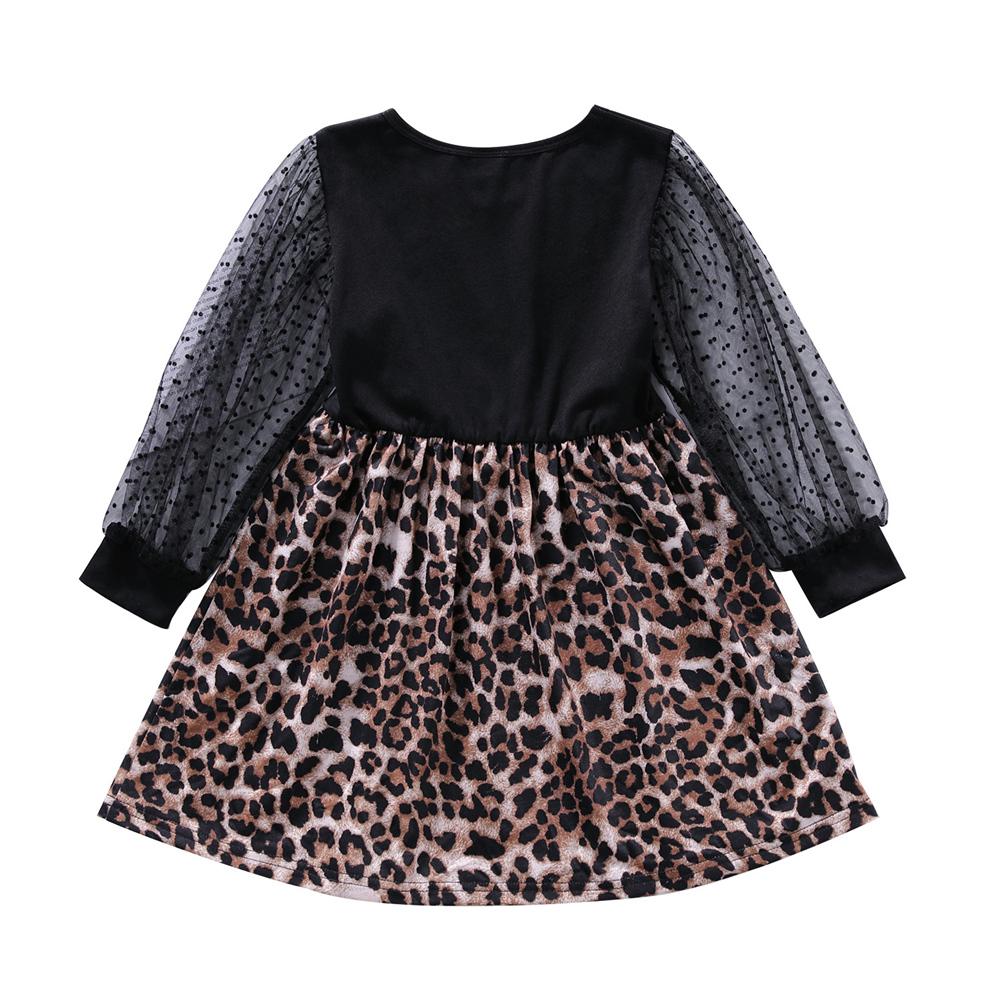 Girls Mesh Long Sleeve Spring Leopard Printed Splicing Dress wholesale childrens clothing