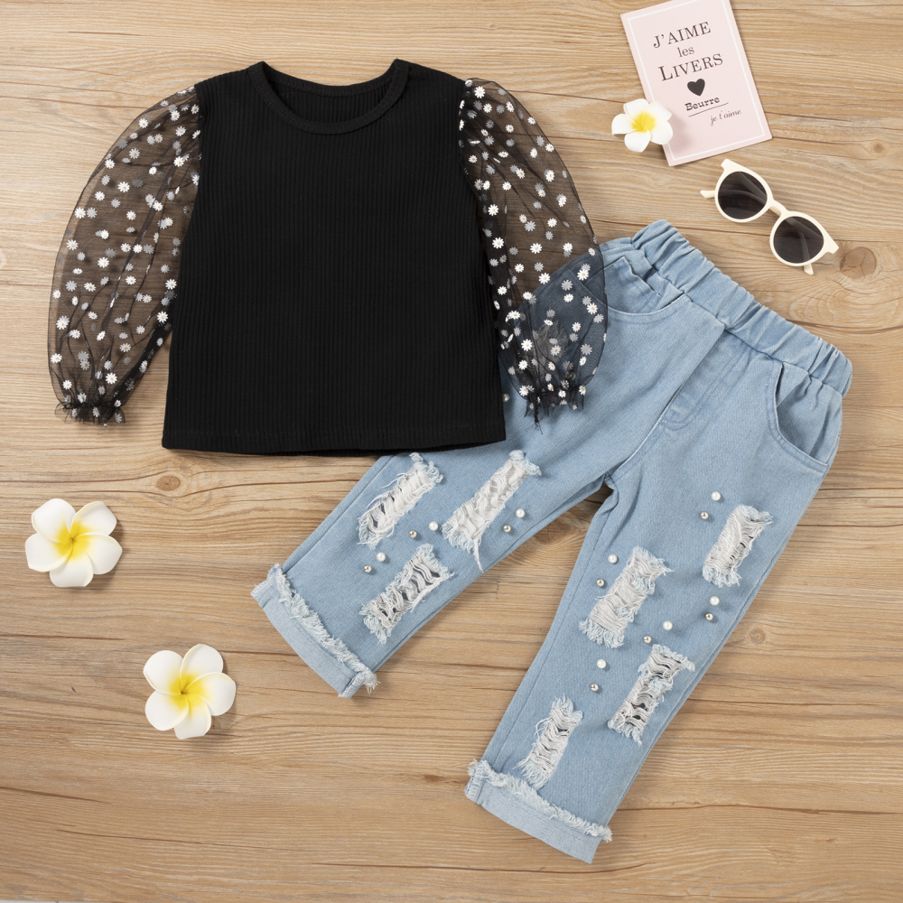 Girls Mesh Long Sleeve Top & Jeans Trendy Kids Wholesale Clothing