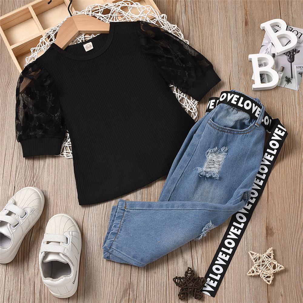 Girls Mesh Short Sleeve Solid Top & Ripped Jeans Wholesale Girl Boutique Clothing