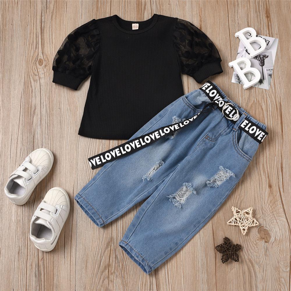 Girls Mesh Short Sleeve Solid Top & Ripped Jeans Wholesale Girl Boutique Clothing