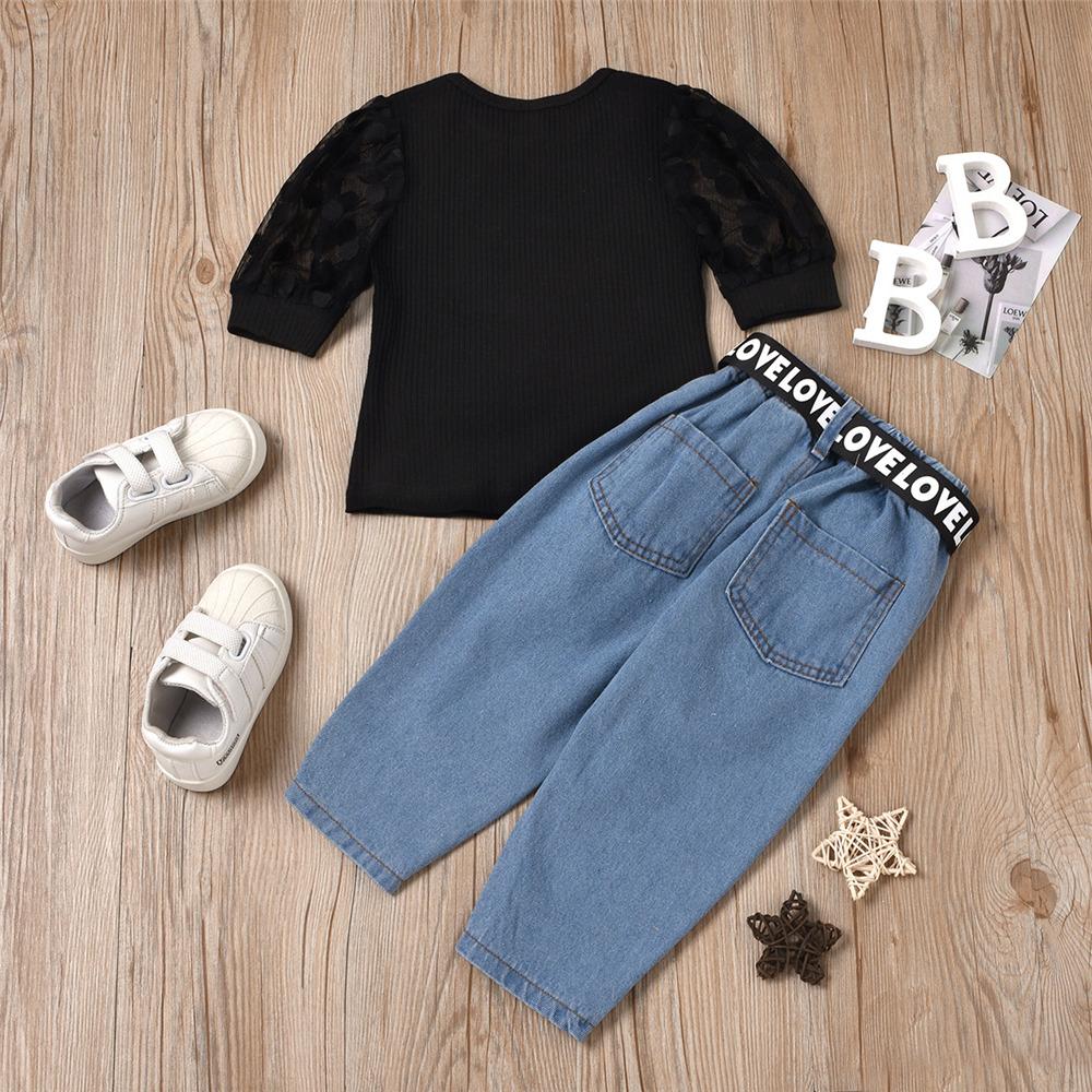 Girls Mesh Short Sleeve Solid Top & Ripped Jeans Wholesale Girl Boutique Clothing