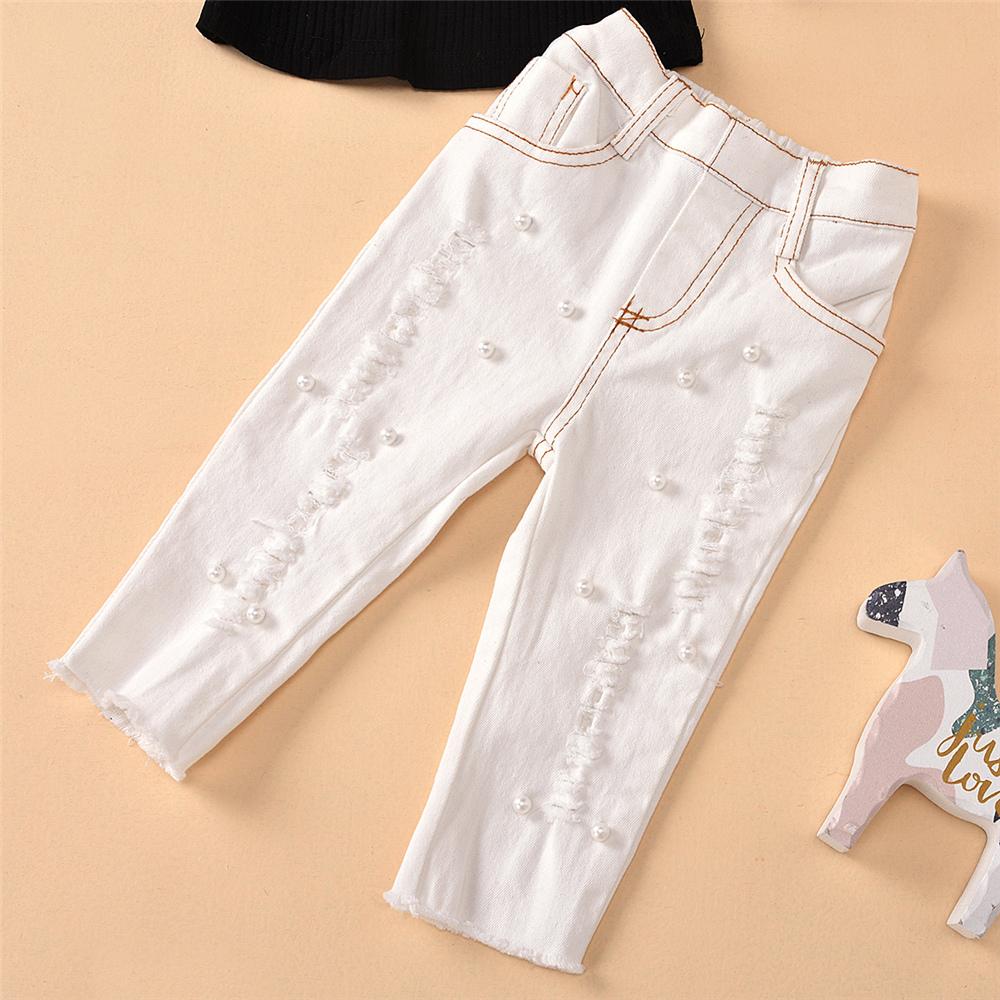 Girls Mesh Sleeve Summer Solid Top & Beaded White Jeans Wholesale Girls Clothing