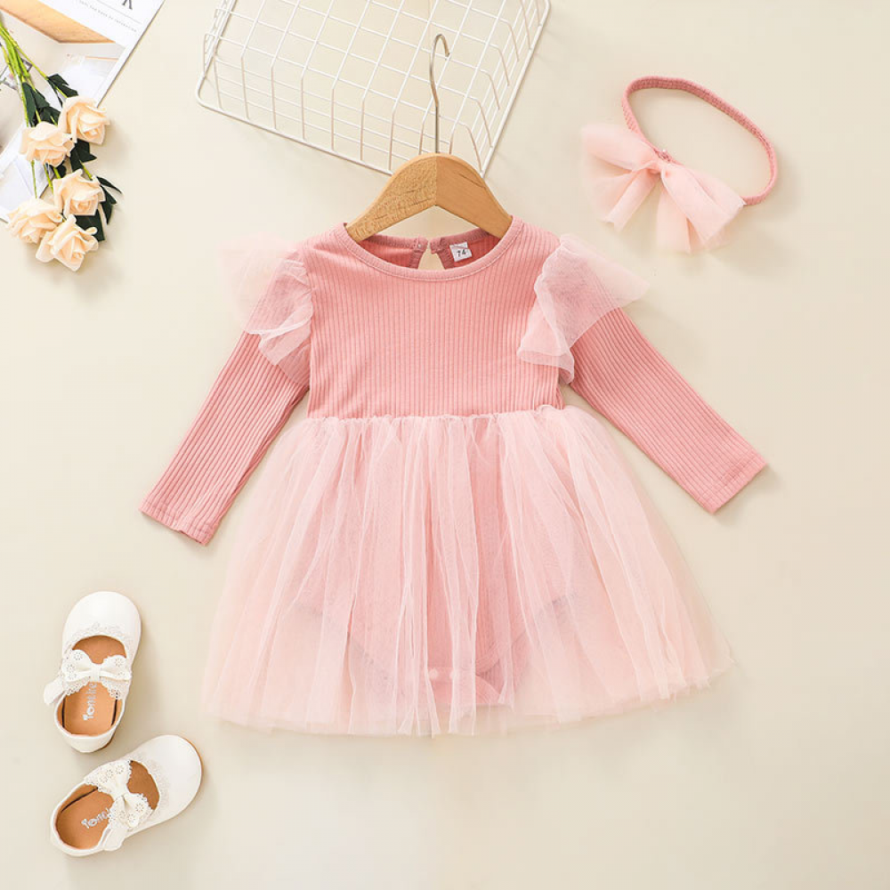 Baby Girls Mesh Solid Color Long Sleeve Romper & Headband baby clothes wholesale