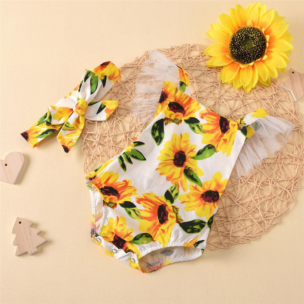 Baby Girls Mesh Sunflower Printed Romper & Headband cheap baby girl clothes boutique