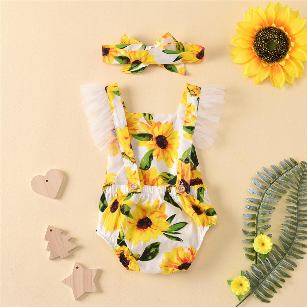 Baby Girls Mesh Sunflower Printed Romper & Headband cheap baby girl clothes boutique