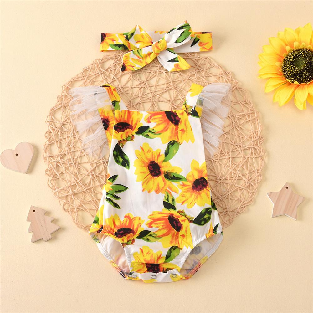 Baby Girls Mesh Sunflower Printed Romper & Headband cheap baby girl clothes boutique