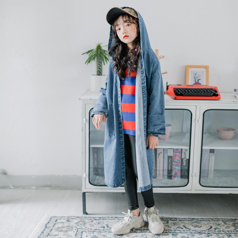 Mid-Length Loose Denim Hooded Girls Jacket Trendy Kids Wholesale Clothing