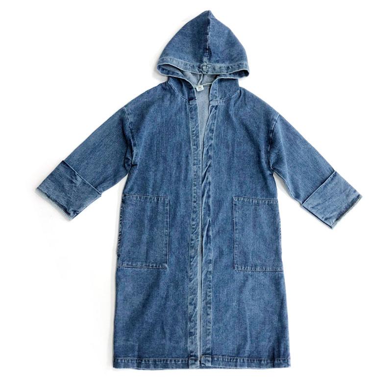 Mid-Length Loose Denim Hooded Girls Jacket Trendy Kids Wholesale Clothing