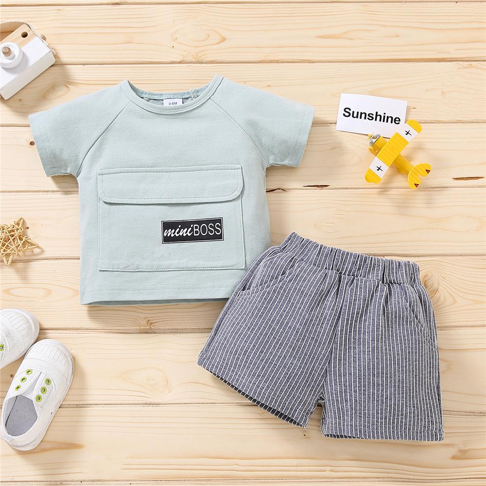 Boys Mini Boss Letter Printed Short Sleeve Button Top & Striped Shorts quality children's clothing wholesale