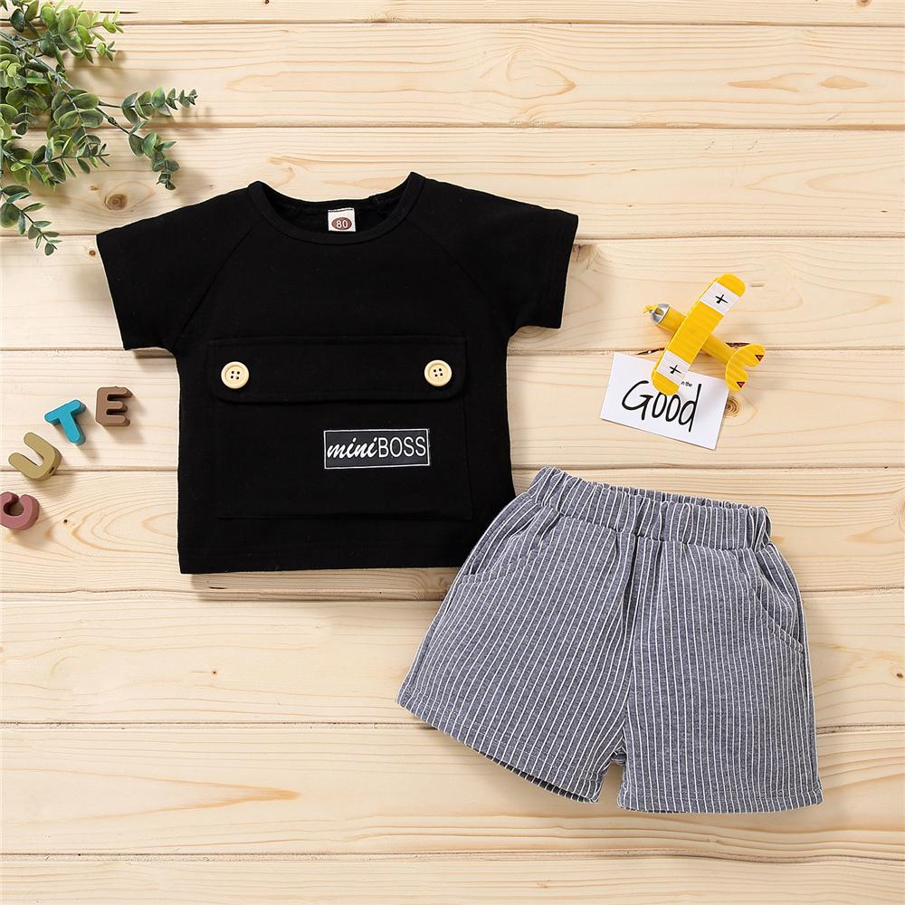 Boys Mini Boss Letter Printed Short Sleeve Button Top & Striped Shorts quality children's clothing wholesale