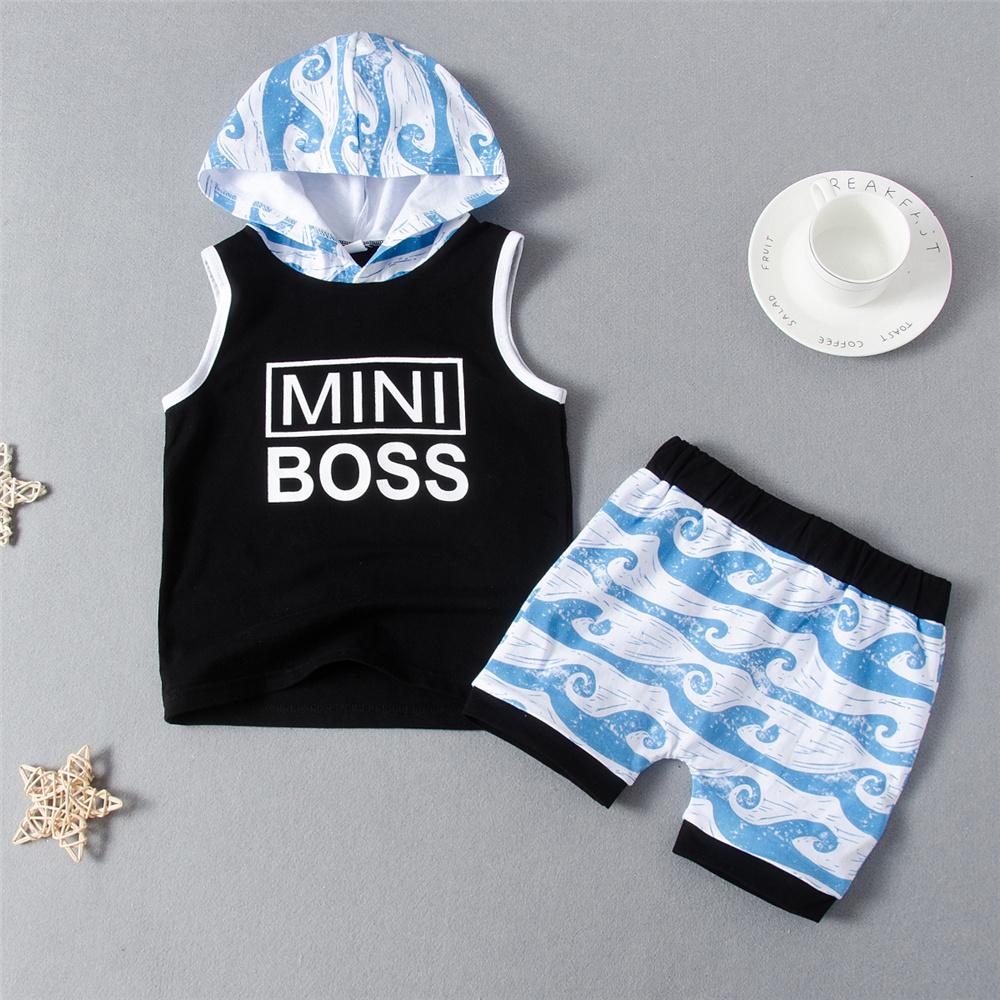 Boys Mini Boss Printed Sleeveless Hooded Top & Shorts Wholesale Boys Boutique Clothing