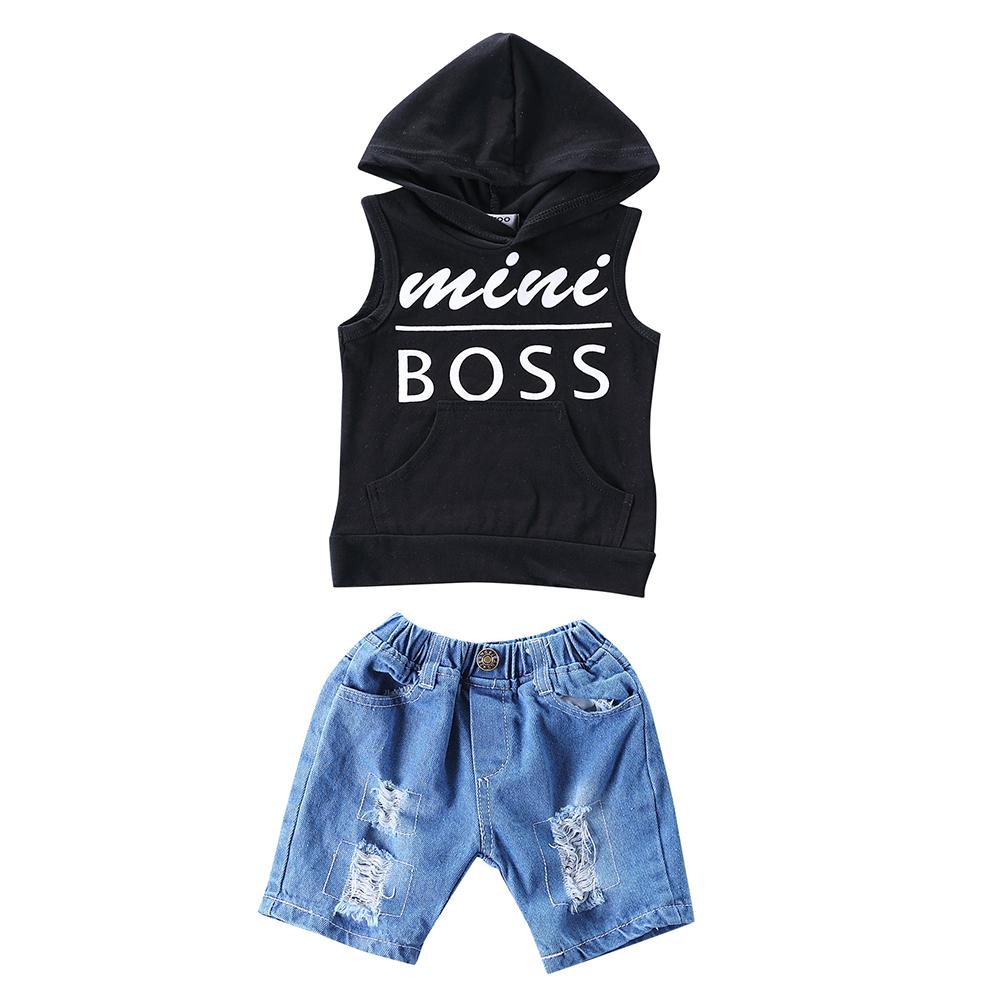 Boys Mini Boss Sleeveless Hooded Top & Ripped Denim Shorts Boy Summer Outfits