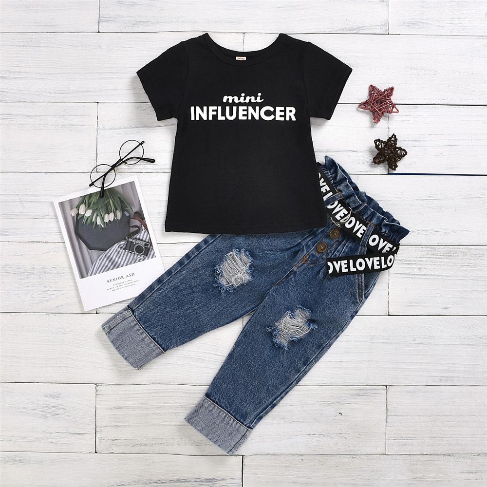 Girls Mini Influencer Short Sleeve Tee & Belt Jeans Baby Girl Clothes Wholesale