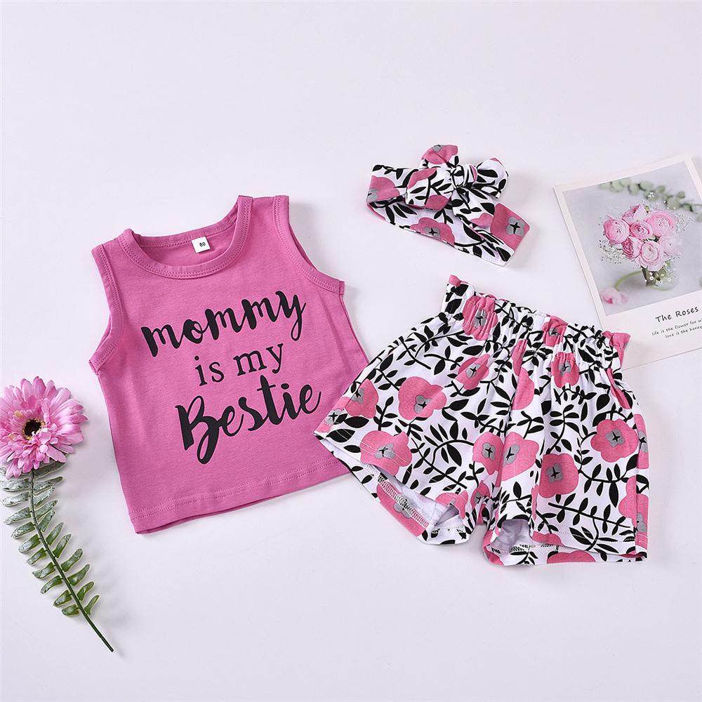 Girls Mommy Is My Bestie Sleeveless Top & Floral Shorts & Headband Girls Clothes Wholesale