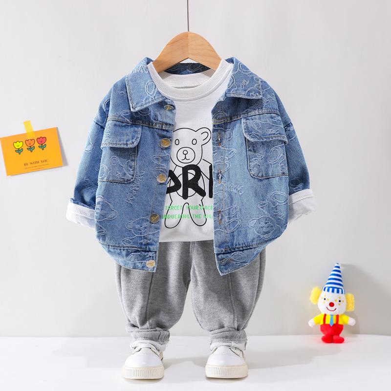 Baby Boys Spring/Autumn Long-sleeve Bear Printed Denim Coat Set Baby Wholesales