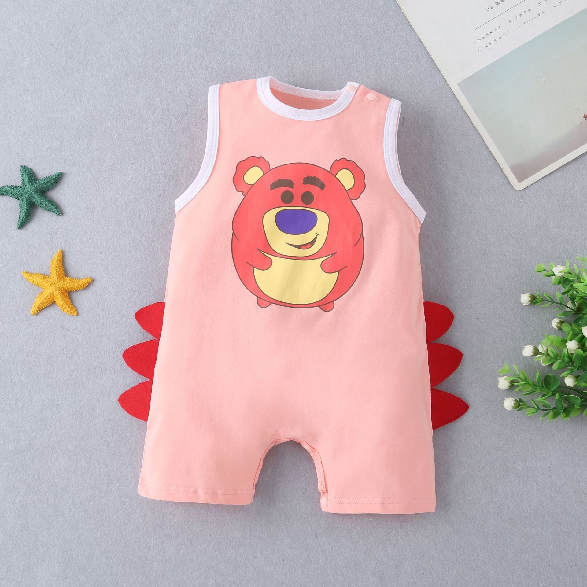 Baby Boys Girls Solid Color Cartoon Cartoon Printing Sleeveless Jumpsuit