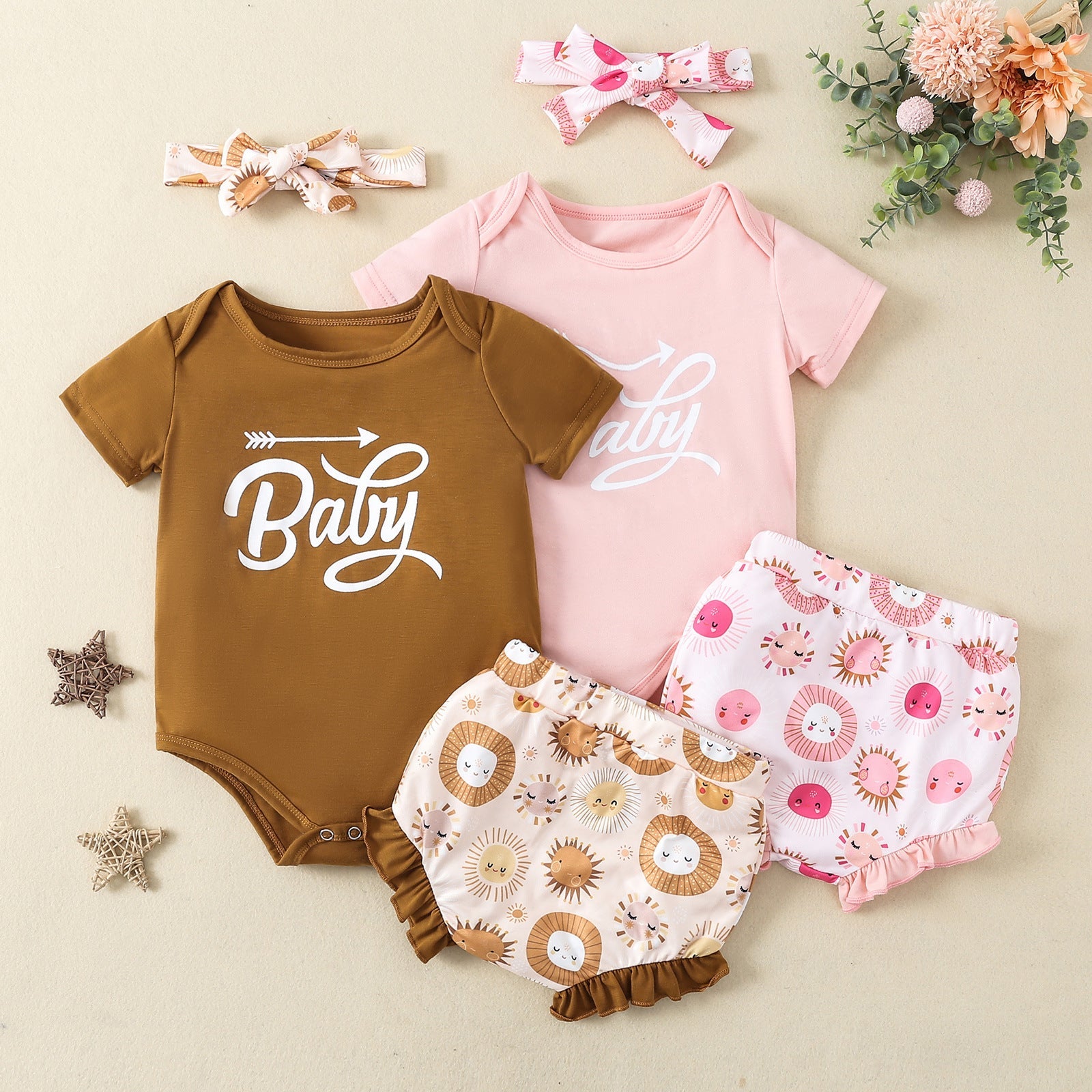 Summer New Baby Baby Clothes Small Sun Printed Girls Crawling Clothes Cute Package Fart Harness Triangle Crawling Clothes Split