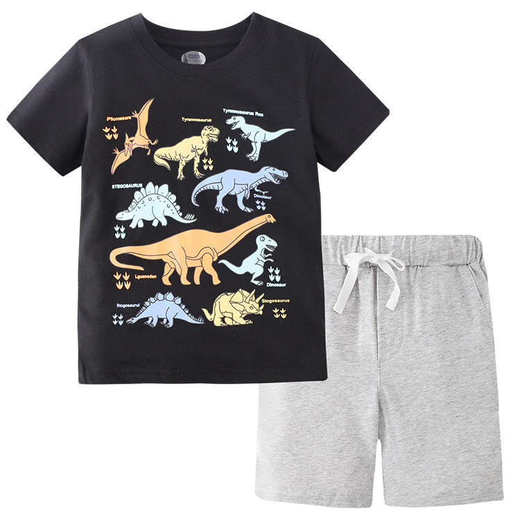 Toddler Kids Boys Solid Color Cartoon Dinosaur Print Short Sleeve T-shirt Shorts Set
