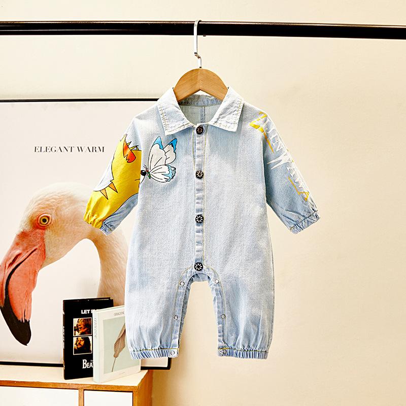 Baby Boys Autumn Cartoon Cute Soft Denim Jumpsuit Babywear Wholesale