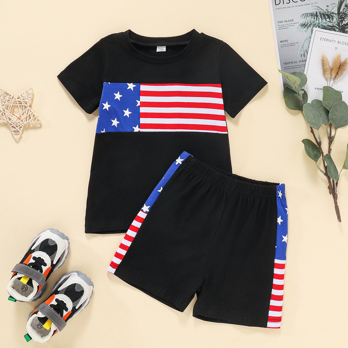 2022 Summer Boys New Independence Day Flag Print Round Neck Short Sleeve T-Shirt Pants Middle and Small Children's Two-piece Suit Wholesale Kids Clothing