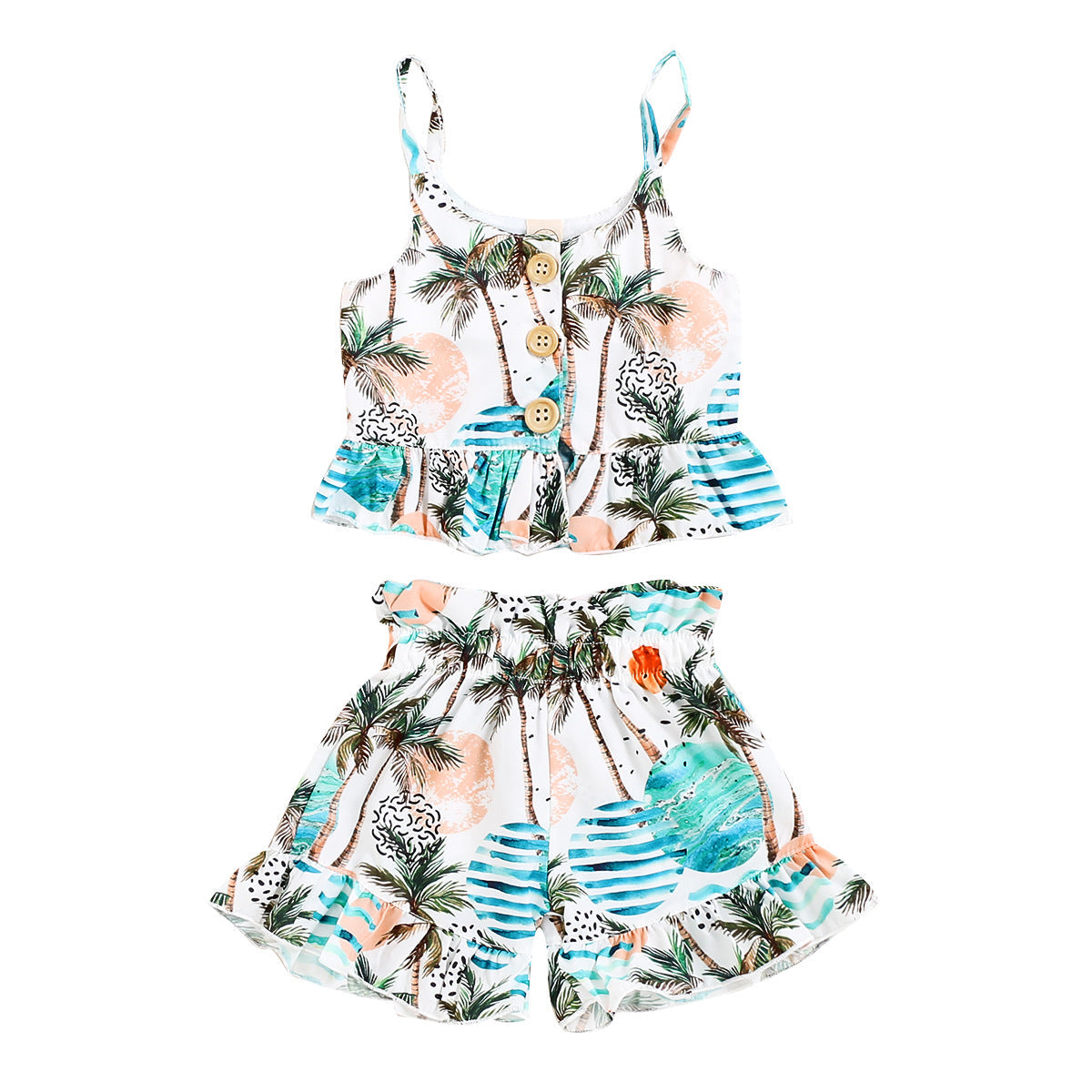 Children's New Tropical Coconut Tree Print Suspenders Shorts Two-piece Suit for Girls