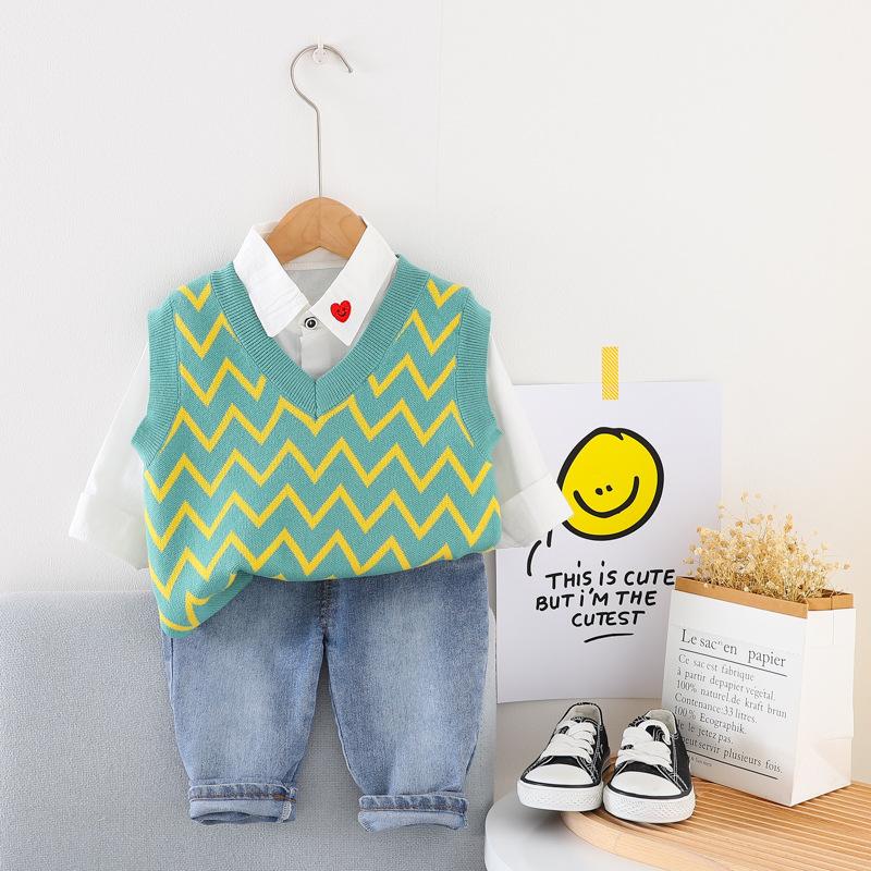 MOQ 2PCS Baby Boy Boys Autumn Long Sleeve Knitted Warm Vest Three Sets Baby Wholesales