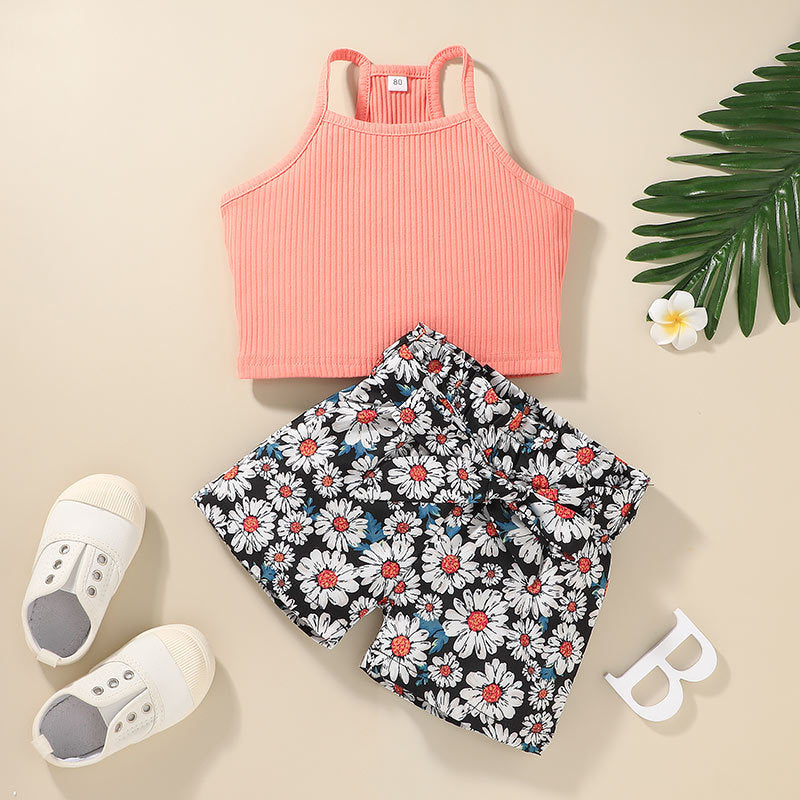 Girls' New Fashion Print Clothes Two-piece Children's Camisole Shorts Set