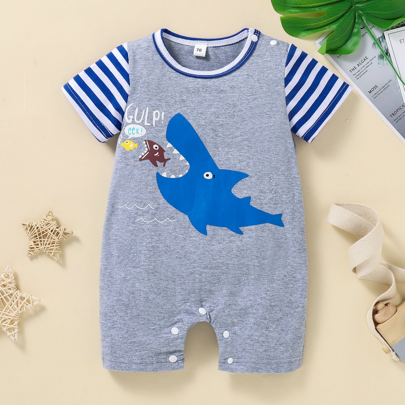 Baby Boys Solid Cotton Cartoon Shark Print Short Sleeve Jumpsuit