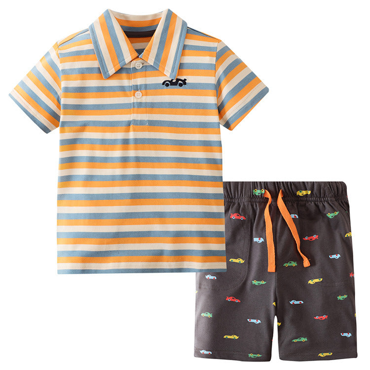 Toddler Kids Boys Color Stripe Short Sleeve Cotton Lapel Shirt Dinosaur Print Shorts Set