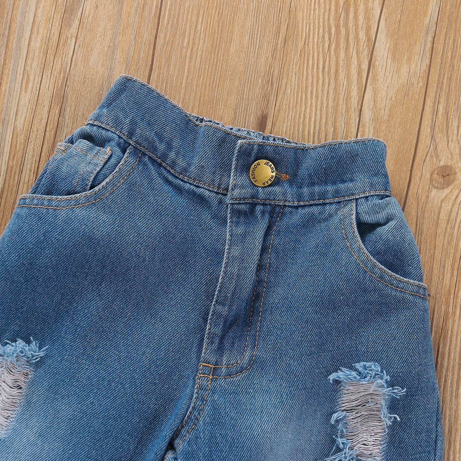 Toddler Kids Girls Bow Suspender Denim Jacket with Holes Denim Pants Set