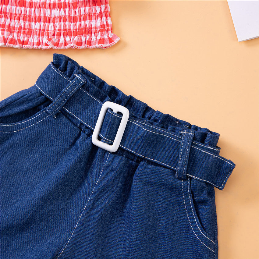 Toddler Kids Girls Plaid Printed Bow Suspender Top Solid Denim Shorts Set