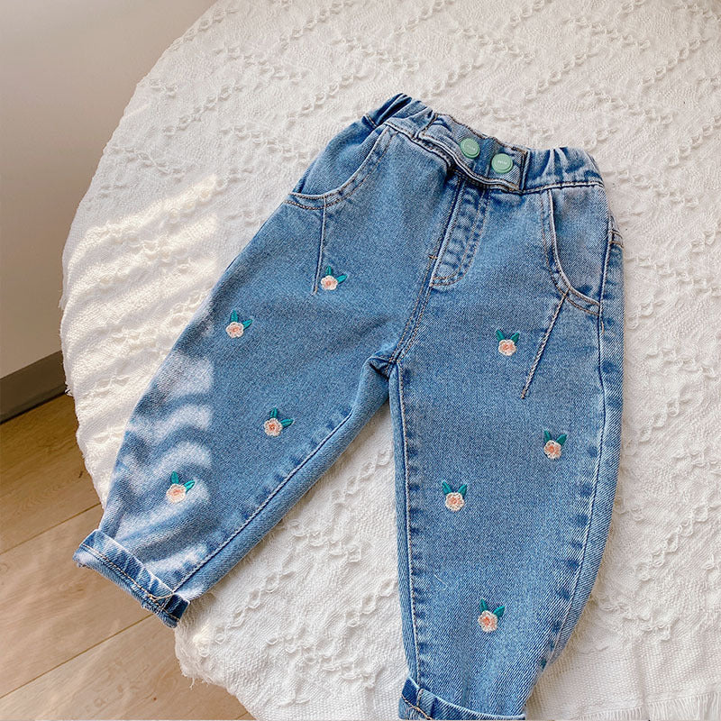 2022 New Girls' Small Flower Jeans Small Children's Spring Baby Women's Small Foot Pants Children's Long Pants