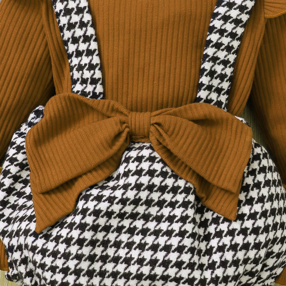 Baby Girls Solid Ruffle Round Neck Top Chiffon Print Triangle Strap Shorts Set