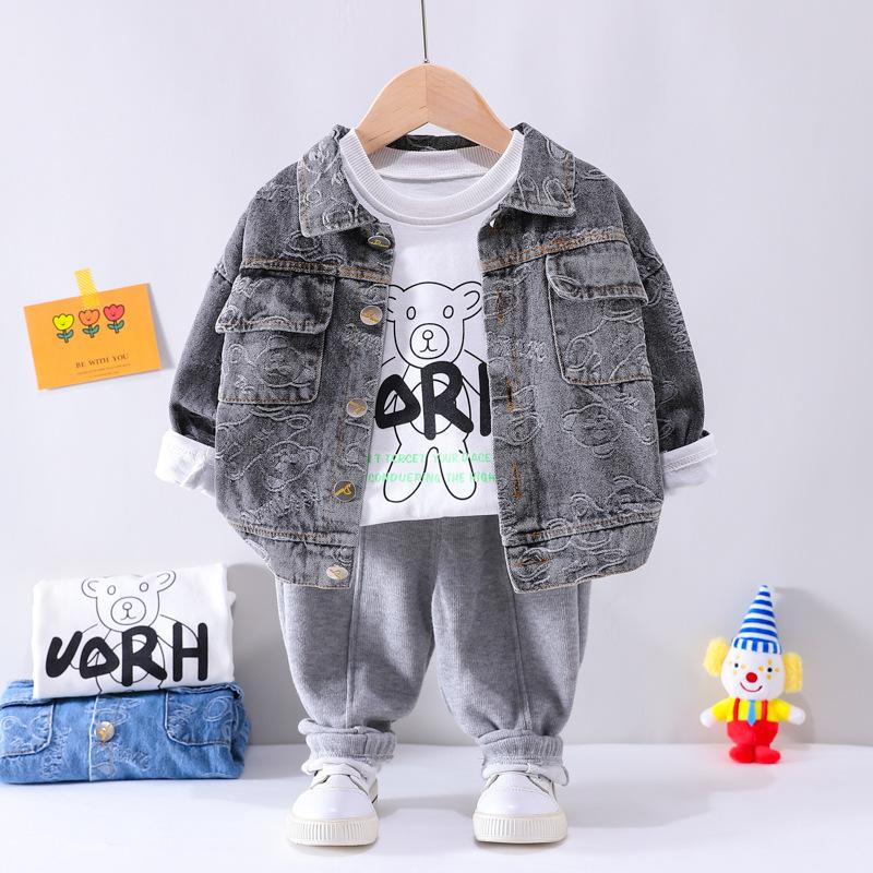 Baby Boys Spring/Autumn Long-sleeve Bear Printed Denim Coat Set Baby Wholesales