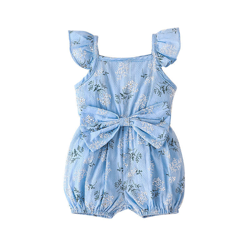 Baby Girls Summer Solid Color Flower Print Bow Sleeveless Jumpsuit