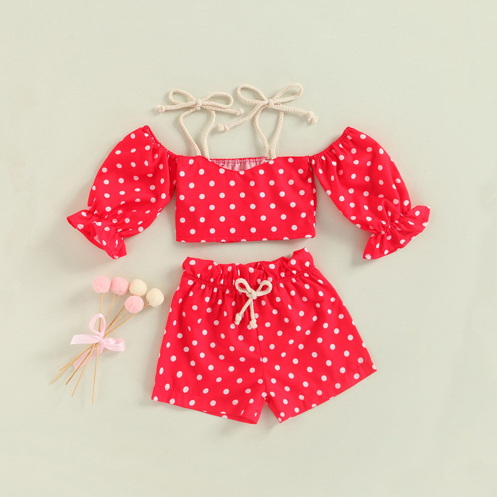 Toddler Kids Girls Solid Dot Print Suspender Short Sleeve Top Shorts Summer Suit