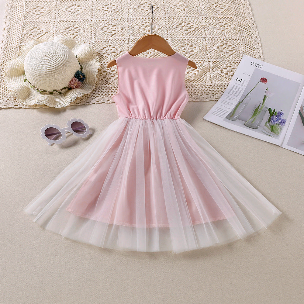 Toddler Kids Girls Summer Solid Color Cartoon Swan Print Sleeveless Mesh Stitched Vest Dress