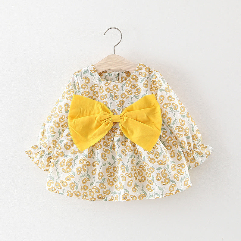 Spring Child Dress Solid Color Bow Small Flower Print Dress