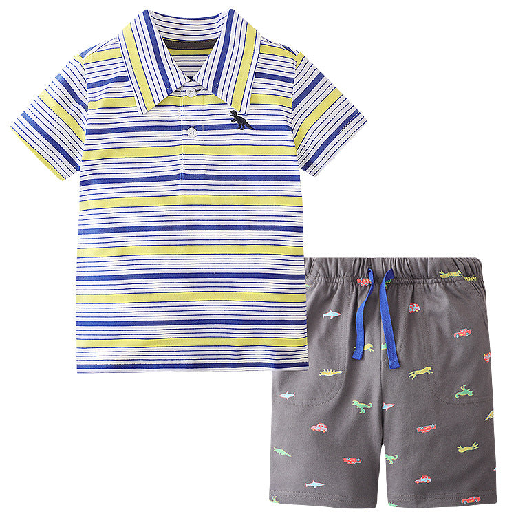Toddler Kids Boys Striped Cotton Polo Collar Shirt Cartoon Dinosaur Print Short Sleeve Set
