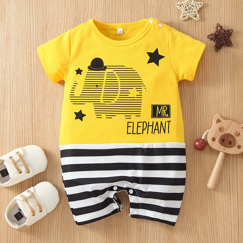 Baby Boys Summer Cotton Solid Color Cartoon Printed Short Sleeved Jumpsuit