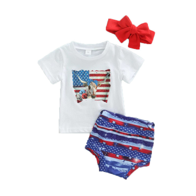 Independence Day Suit 2022 Summer New Boys and Girls Star Stripes Printed Short-sleeved T-shirt Shorts Two-piece Set