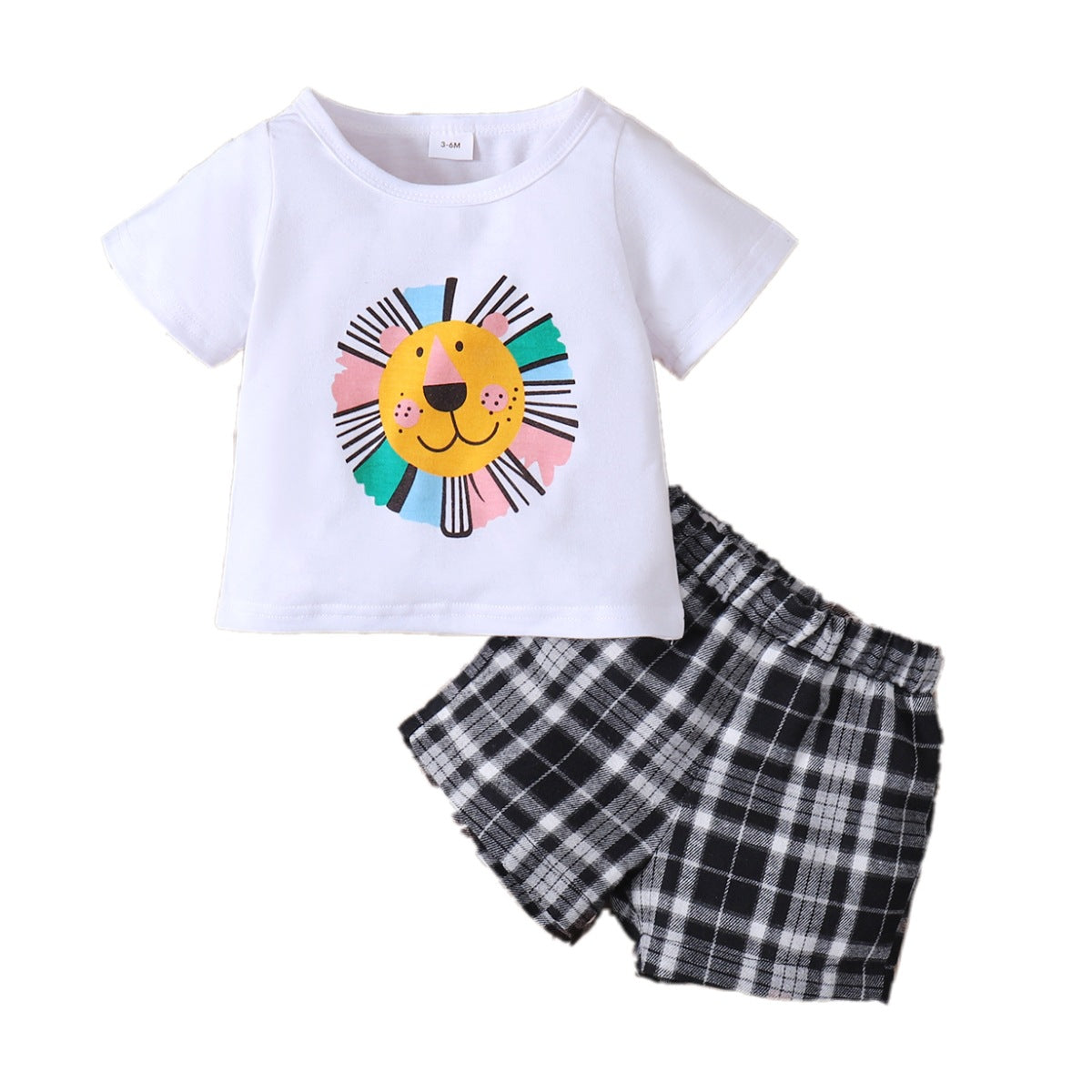 Toddler Kids Boys Solid Cartoon Lion Print Short Sleeve T-Shirt Top Plaid Shorts Set