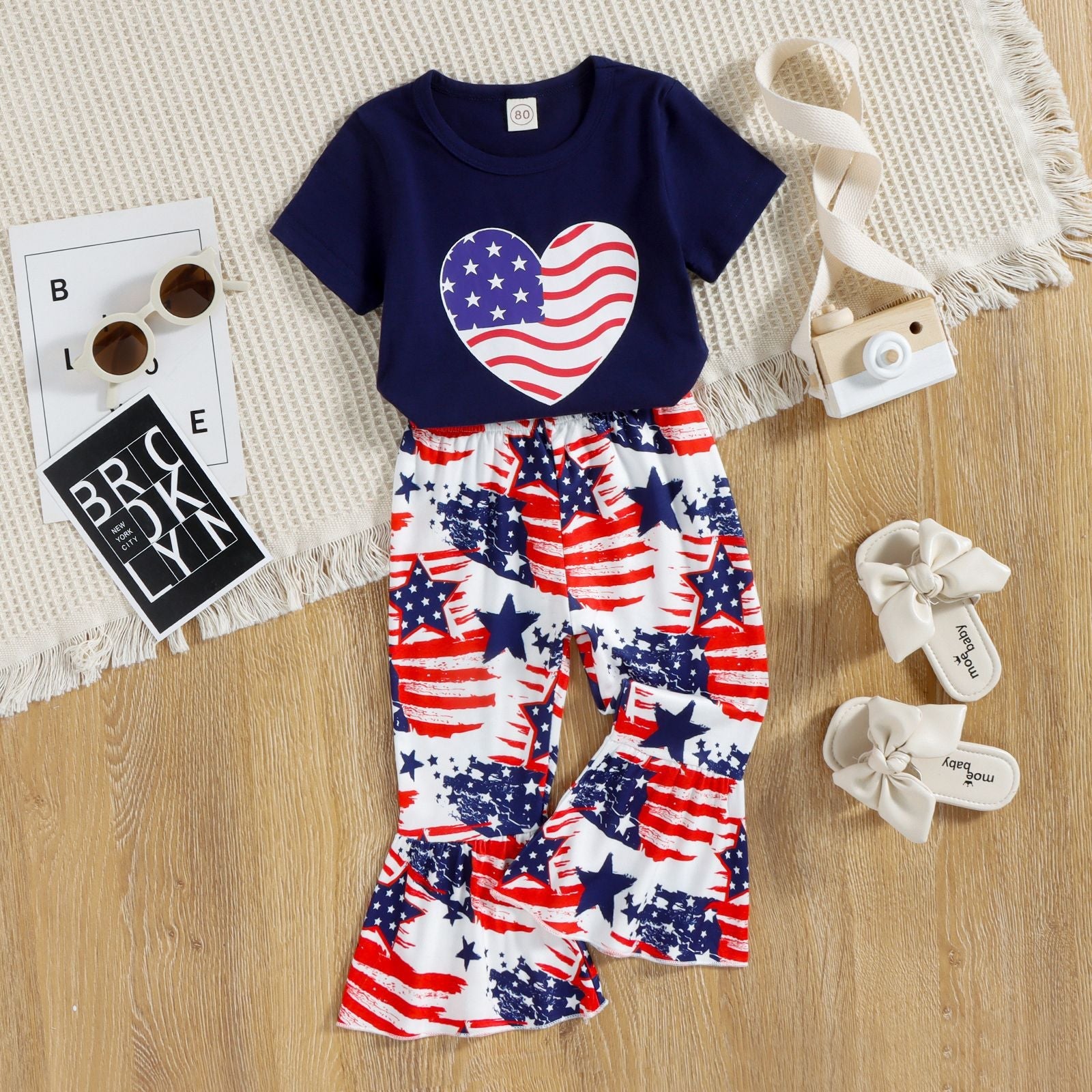 Toddler Girls' Clothing Girls Independence Day Holiday Star Print Short-Sleeved Flared Pants Two-Piece Suit Wholesale Kids Clothing