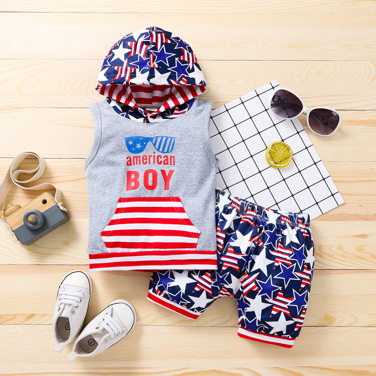 Summer New Striped Letters Printed Hooded Tops * Stars Yangqi Shorts Independent Day Children's Clothing