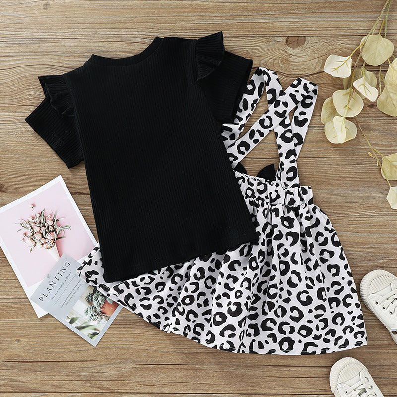 Toddler Kids Girls Solid Letter Print Short Sleeve T-shirt Leopard Print Bow Strap Skirt Set