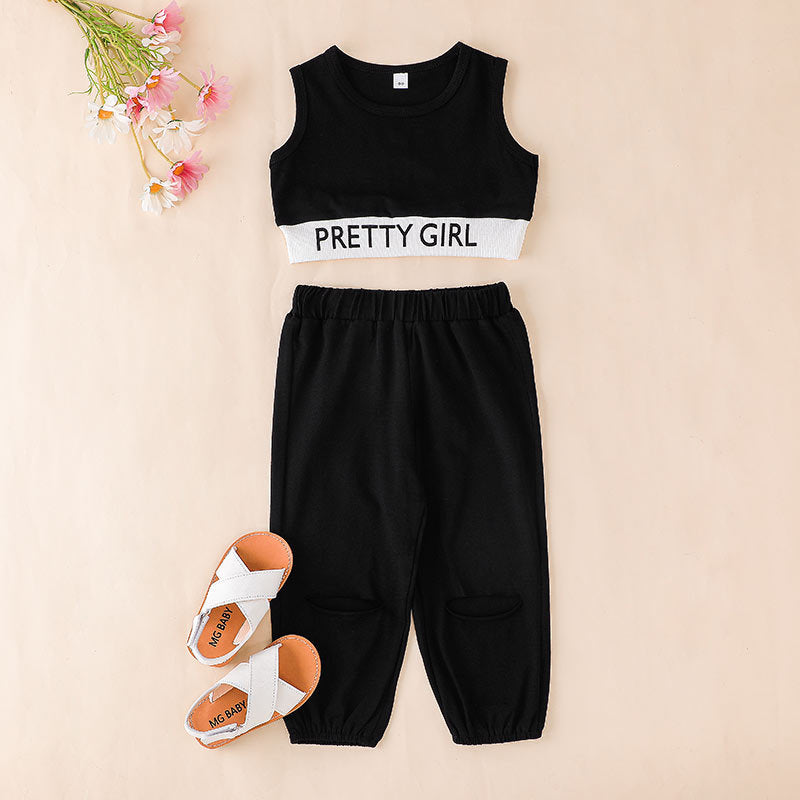 Toddler Kids Black Sleeveless Vest Top Pants Sportswear Set